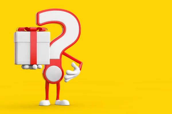 Question Mark Sign Cartoon Character Person Mascot and Gift Box with Red Ribbon on a yellow background. 3d Rendering