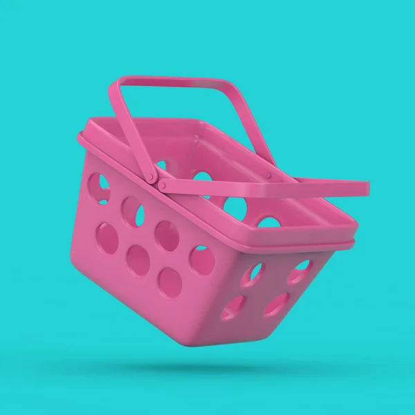 Pink Cartoon Minimal Style Grocery Shopping Basket in Duotone Style on a blue background. 3d Rendering