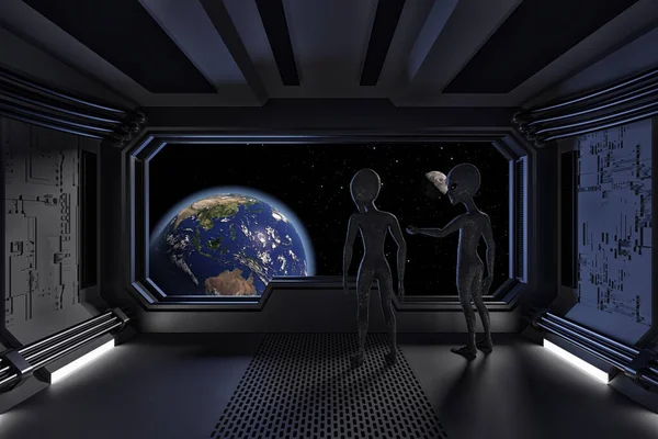 Aliens in Alien Spaceship Room Interior with View on Space and Earth Planet extreme closeup. Elements of this image furnished by NASA. 3d Rendering