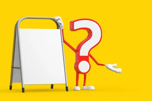 Question Mark Sign Cartoon Character Person Mascot with White Blank Advertising Promotion Stand on a yellow background. 3d Rendering