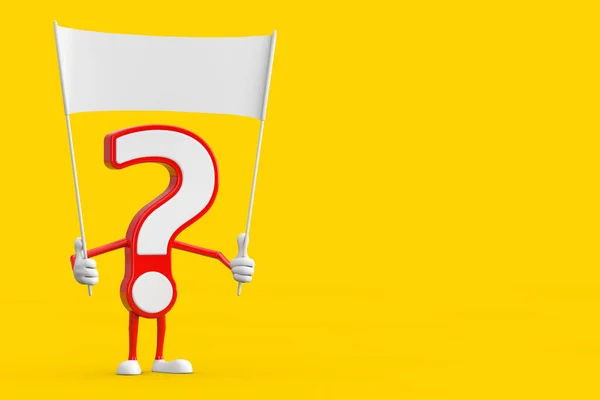 Question Mark Sign Cartoon Character Person Mascot and Empty White Blank Banner with Free Space for Your Design on a yellow background. 3d Rendering