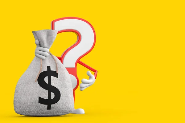 Question Mark Sign Cartoon Character Person Mascot with Tied Rustic Canvas Linen Money Sack or Money Bag with Dollar Sign on a yellow background. 3d Rendering