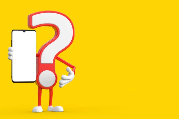 Question Mark Sign Cartoon Character Person Mascot and Modern Mobile Phone with Blank Screen for Your Design on a yellow background. 3d Rendering