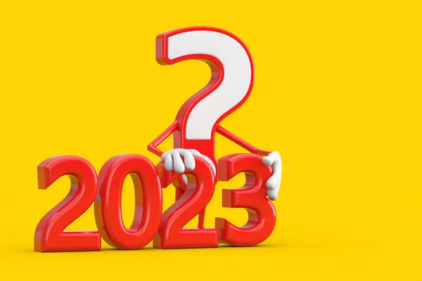 Question Mark Sign Cartoon Character Person Mascot with Red 2023 New Year Sign on a yellow background. 3d Rendering