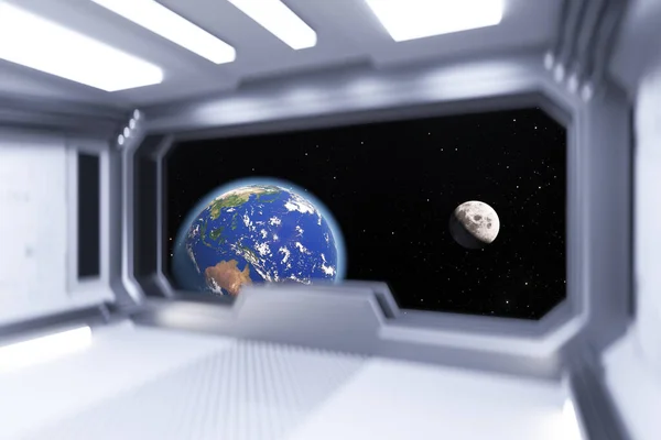 Spaceship White Room Interior with View on Space and Earth Planet extreme closeup. Elements of this image furnished by NASA. 3d Rendering