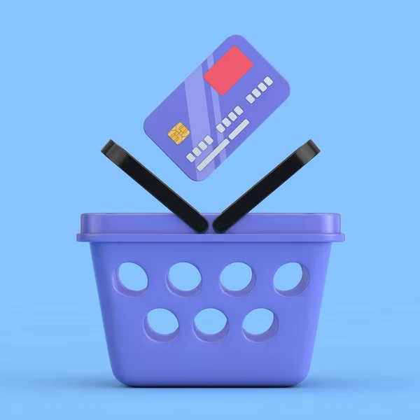 Blue Cartoon Minimal Style Grocery Shopping Basket with Abstract Cartoon Style Credit Card on a blue background. 3d Rendering