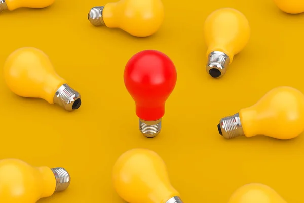 Idea Concept. One Red Light Bulb in Heap of Yellow Light Bulb on a yellow background. 3d Rendering