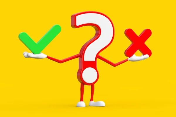 Question Mark Sign Cartoon Character Person Mascot with Red Cross and Green Check Mark, Confirm or Deny, Yes or No Icon Sign on a yellow background. 3d Rendering