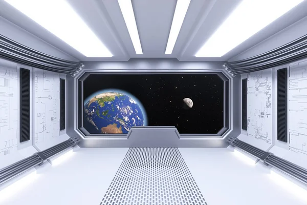 Spaceship White Room Interior with View on Space and Earth Planet extreme closeup. Elements of this image furnished by NASA. 3d Rendering