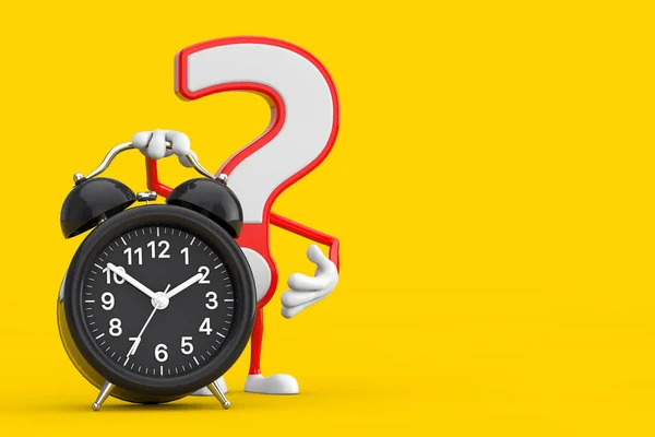 Question Mark Sign Cartoon Character Person Mascot with Alarm Clock on a yellow background. 3d Rendering