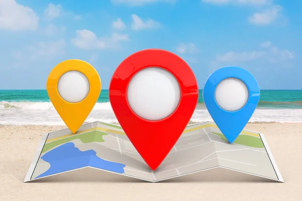 Folded Abstract Navigation Map with Three Target Map Pointer Pins on an Ocean or Sea Sand Beach background. 3d Rendering
