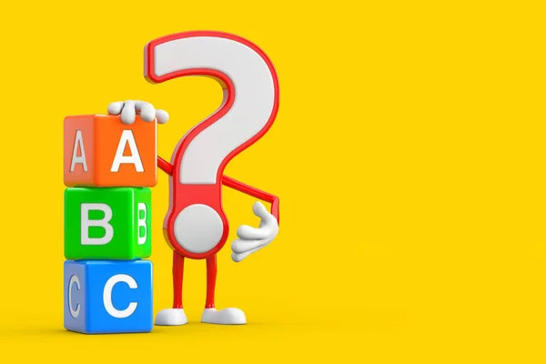 Question Mark Sign Cartoon Character Person Mascot with Alphabet ABC Education Cubes on a yellow background. 3d Rendering