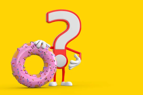 Question Mark Sign Cartoon Character Person Mascot with Big Strawberry Pink Glazed Donut on a yellow background. 3d Rendering