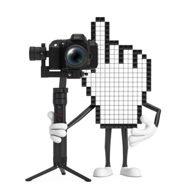 Beyaz arkaplanda Piksel El İmleci Maskot Karakteri veya Video Kamera Gimbal Stabilizasyon Sistemi. 3d Hazırlama