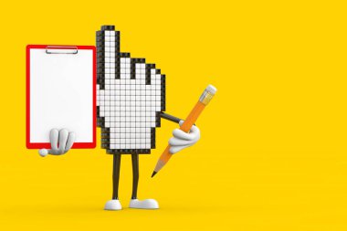 Sarı zemin üzerinde Kırmızı Plastik Pano, Kağıt ve Kalem olan Piksel El İmleci Maskot Karakteri. 3d Hazırlama