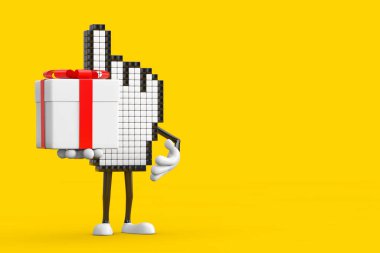 Piksel El İmleci Maskot Karakteri ve Kırmızı Kurdeleli Hediye Kutusu. 3d Hazırlama