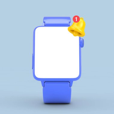 Yeni İleti Simgesi ve Modern Smart Watch Mockup ve Tasarımınız İçin Boş Ekran Kayışlı Çizgi Film Sosyal Medya Bildirimi Çanı mavi arka planda. 3d Hazırlama