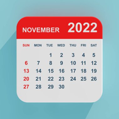 Düz Simge Takvimi Kasım 2022 mavi arka planda. 3d Hazırlama