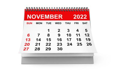 2022 Kasım takvimi beyaz arka planda. 3d Hazırlama