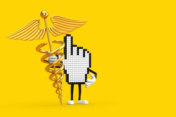 Pixel手光标吉祥物人物形象与黄金医疗卡德鲁西乌斯符号的黄色背景 3D渲染 — 图库照片