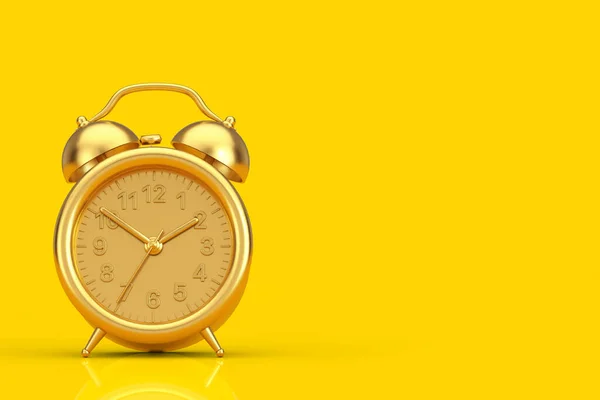 Reloj Despertador Dorado Sobre Fondo Amarillo Renderizado — Foto de Stock