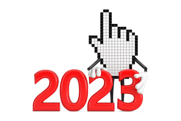 Pixel Hand Cursor Mascot Person Charakter Mit 2023 New Year — Stockfoto