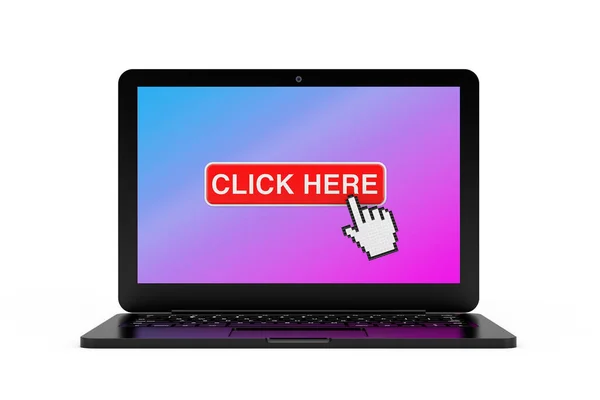 Modern Laptop Computer Click Here Link Website Button Pixel Hand — Stock Photo, Image