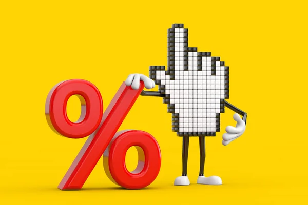 像素手标吉祥物人物字符与红色零售百分比销售或折扣标志的黄色背景 3D渲染 — 图库照片