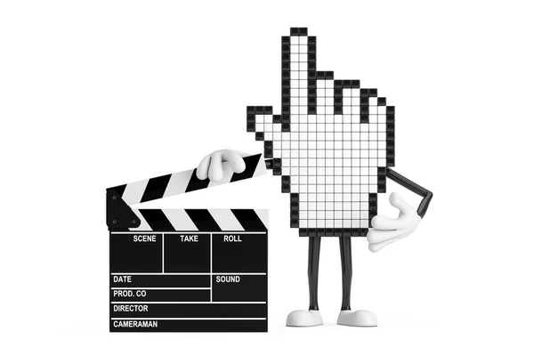 Pixel手鼠标吉祥物人物与电影拍板白色背景 3D渲染 — 图库照片