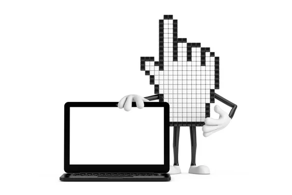 Personagem Pessoa Mascote Cursor Mão Pixel Com Notebook Computador Portátil — Fotografia de Stock