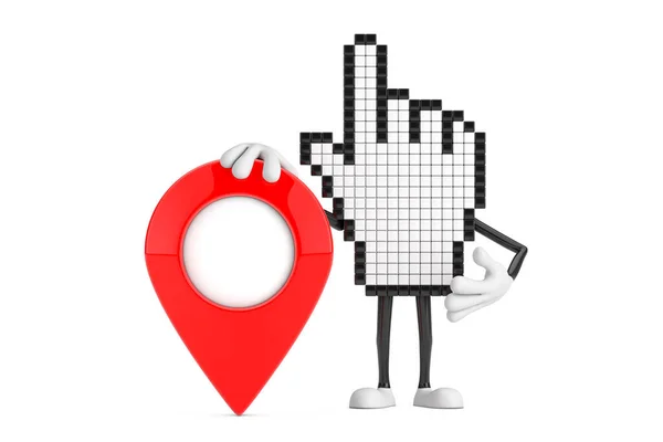 Pixel手光标吉祥物人物 白色背景上有红色地图指针目标针 3D渲染 — 图库照片