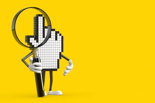 Pixel Hand Cursor Mascot Person Charakter Mit Lupe Auf Gelbem — Stockfoto
