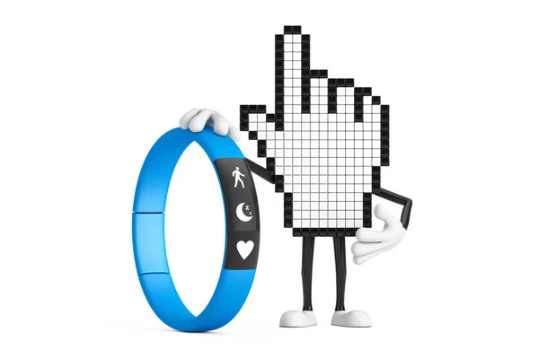 Mascotte Personnage Pixel Hand Cursor Avec Blue Fitness Tracker Sur — Photo