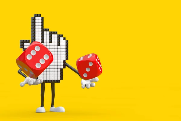 Pixel Hand Markör Mascot Person Karaktär Med Rött Spel Tärningskuber — Stockfoto