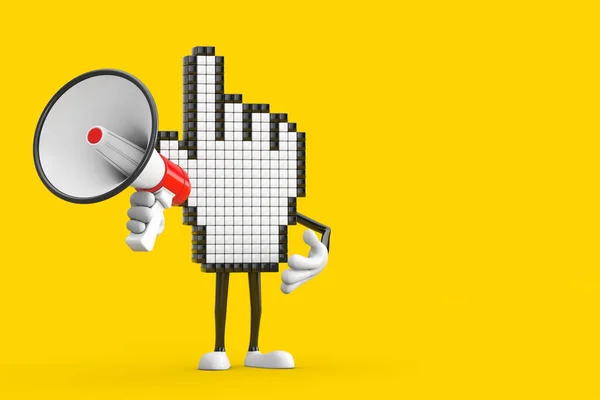 Pixel手光标吉祥物人物人物与红色复古威声在黄色背景 3D渲染 — 图库照片