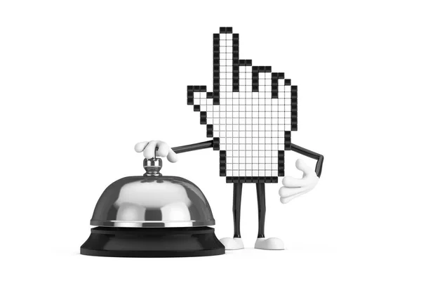 Pixel Hand Cursor吉祥物人物与酒店服务贝尔呼叫白色背景 3D渲染 — 图库照片