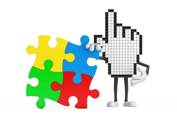 Pixel Hand Cursor Mascot Person Character Four Pieces Colorful Jigsaw — Stock Photo, Image