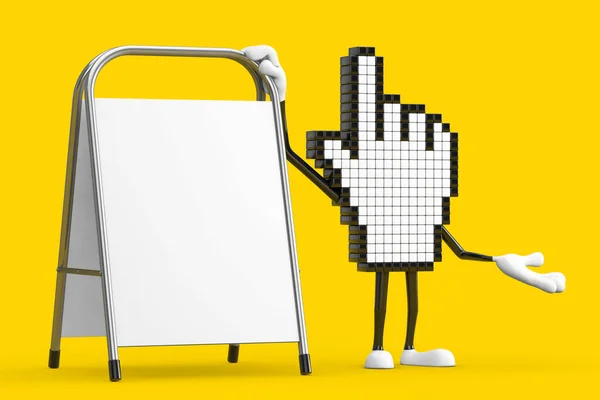 Pixel手标吉祥物人物形象与白色空白广告推广站在一个黄色的背景 3D渲染 — 图库照片