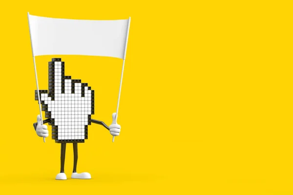 Pixel手光标吉祥物人物和空白空白横幅与您的设计空间黄色背景 3D渲染 — 图库照片