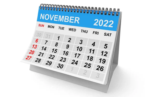 2022 Ano Calendário Novembro Fundo Branco Renderização — Fotografia de Stock