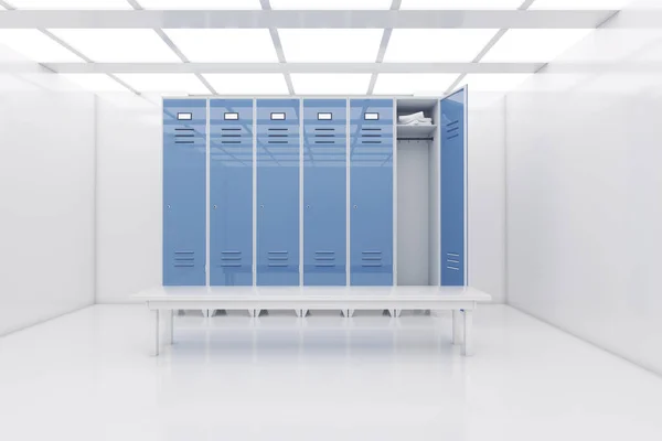 Blue Steel Lockers with Bench in White Abstract Illuminated Empty Open Space, Corridor or Room Interior extreme closeup. 3d Rendering