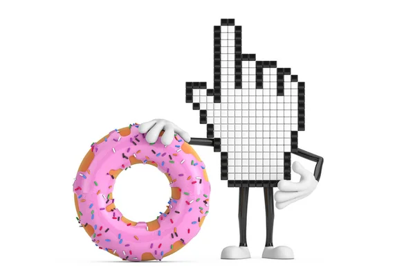 Pixel Hand Cursor Mascot Особистий Персонаж Великим Полуничним Рожевим Глазурованим — стокове фото