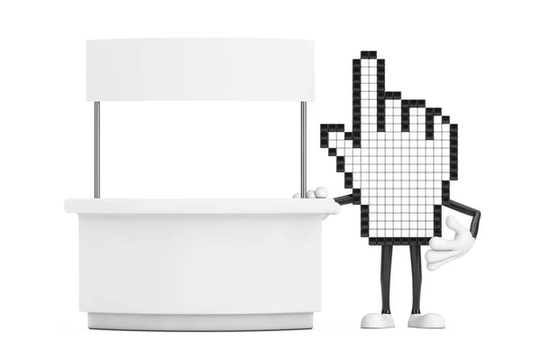 Pixel手标人物吉祥物靠近空白宣传摊位 为您的设计提供一个白色背景的自由空间 3D渲染 — 图库照片