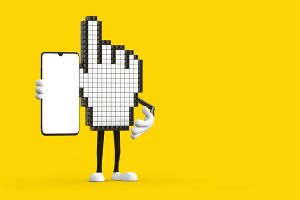 像素手标吉祥物人物和现代手机与空白屏幕为您的设计在一个黄色的背景 3D渲染 — 图库照片