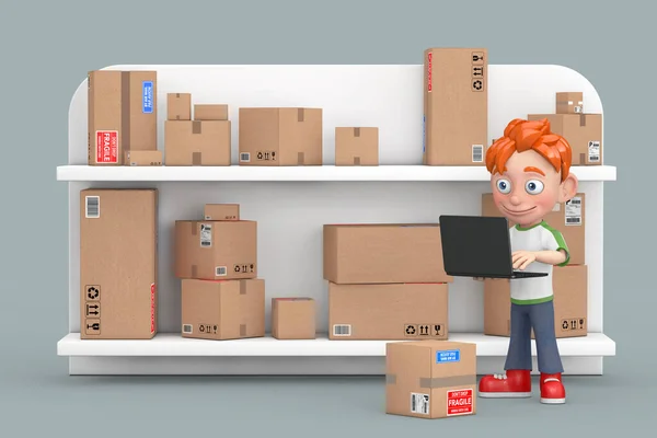 Cartoon Little Boy Teen Person Character Mascot in Warehouse or Post Office with Many Parcels on gray background. 3d Rendering