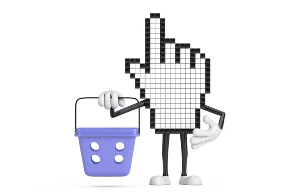 Pixel Hand Cursor Mascot Person Character Cartoon Shopping Basket White — Stock Photo, Image