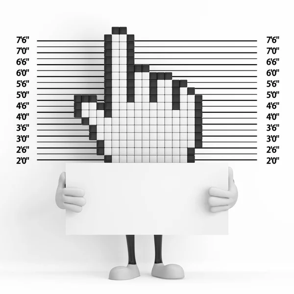 Персонаж Талисмана Курсора Пикселя Идентификационной Табличкой Перед Полицейской Линией Магшотным — стоковое фото