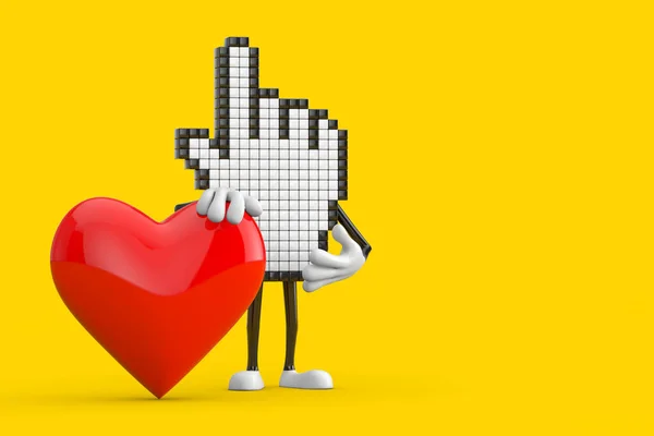 Pixel Hand Cursor Mascot Person Character Red Heart Yellow Background — Stock Photo, Image