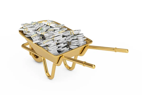 Pilha Usd Money Golden Wheel Barrow Sobre Fundo Branco Renderização — Fotografia de Stock