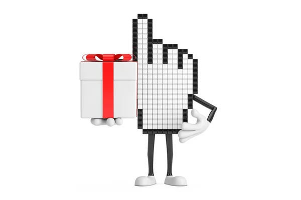 Pixel Hand Cursor Mascot Person Character Gift Box Red Ribbon — Stock Photo, Image